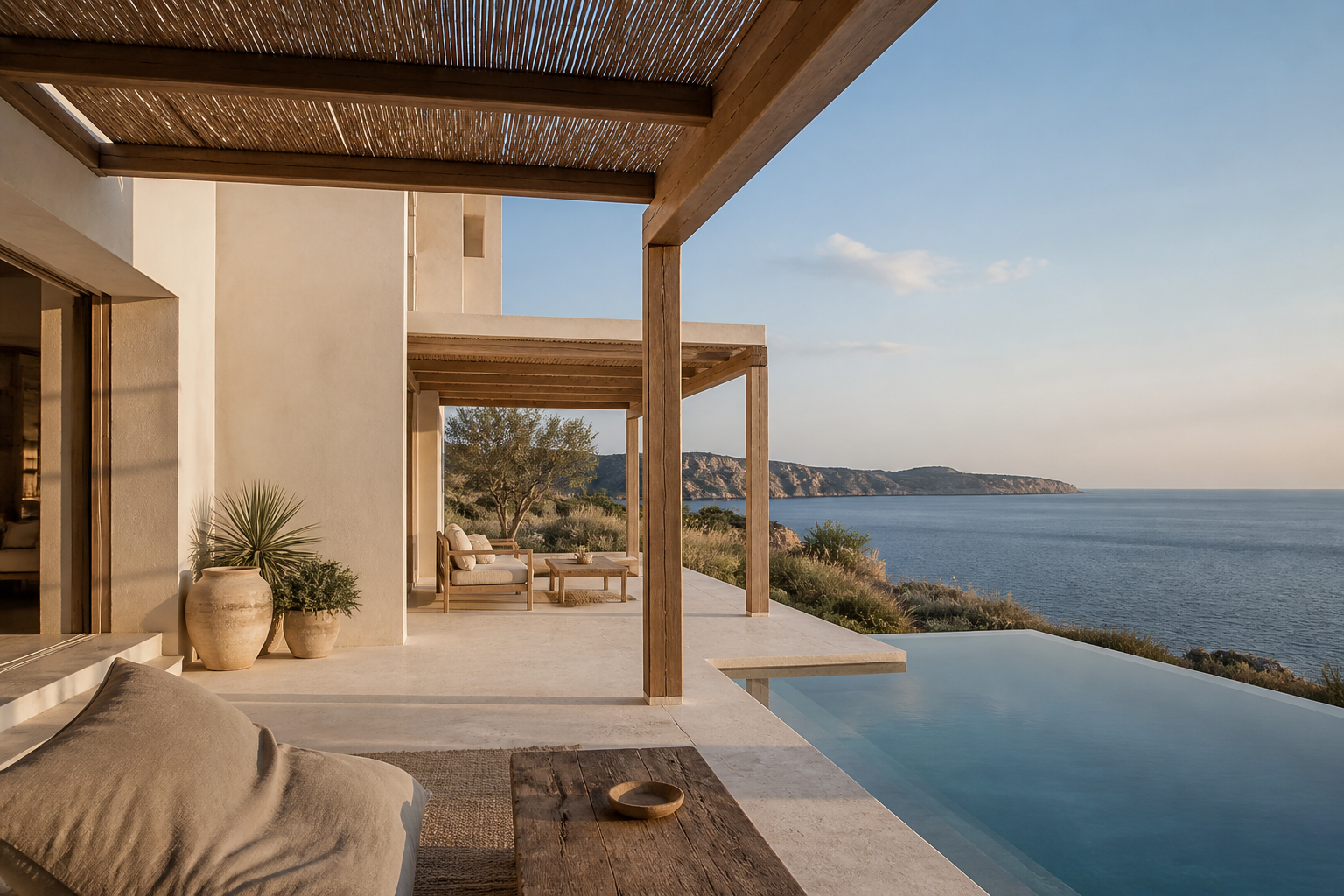 Terraza mediterránea con pérgola de madera y piscina infinita abierta al mar