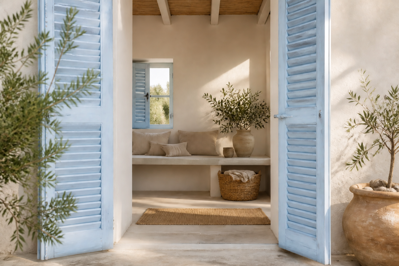 Interior mediterráneo con persianas celestes abiertas, banco con cojines y un olivo