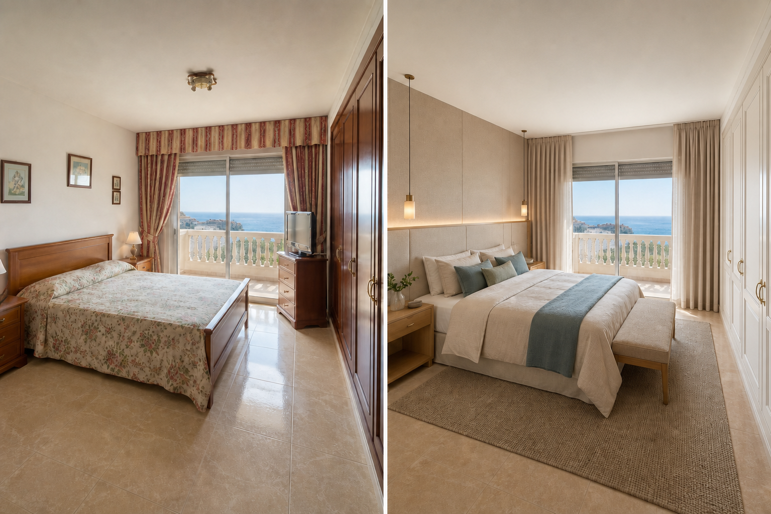 Dormitorio con vistas antes y después del proyecto de interiorismo