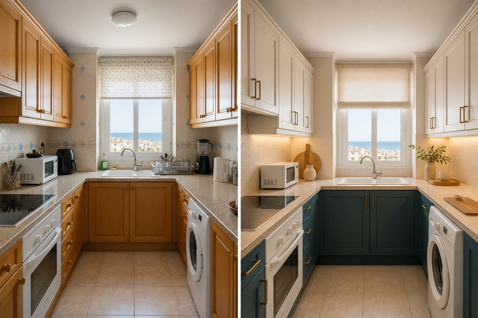 Cocina antes y después de la puesta a punto: frentes en tonos azules y mejor luz
