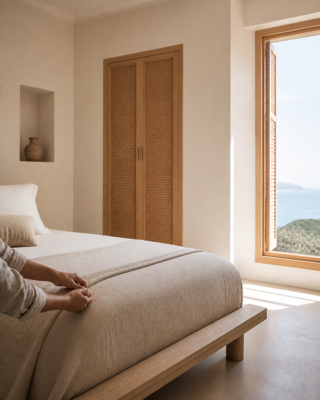 Dormitorio mediterráneo con la cama preparada y una ventana abierta al mar