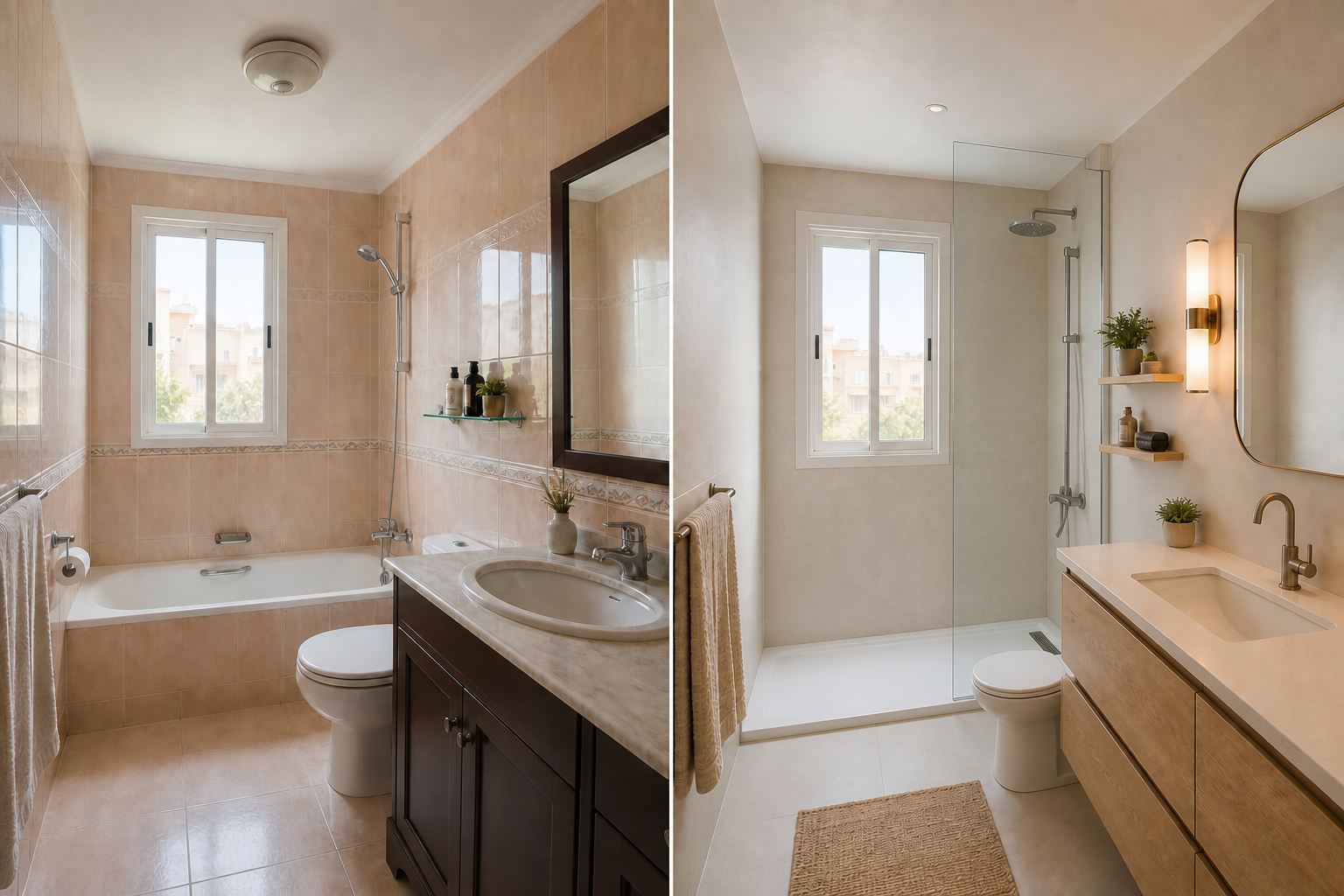 Baño antes y después del proyecto de interiorismo: ducha a ras y materiales serenos