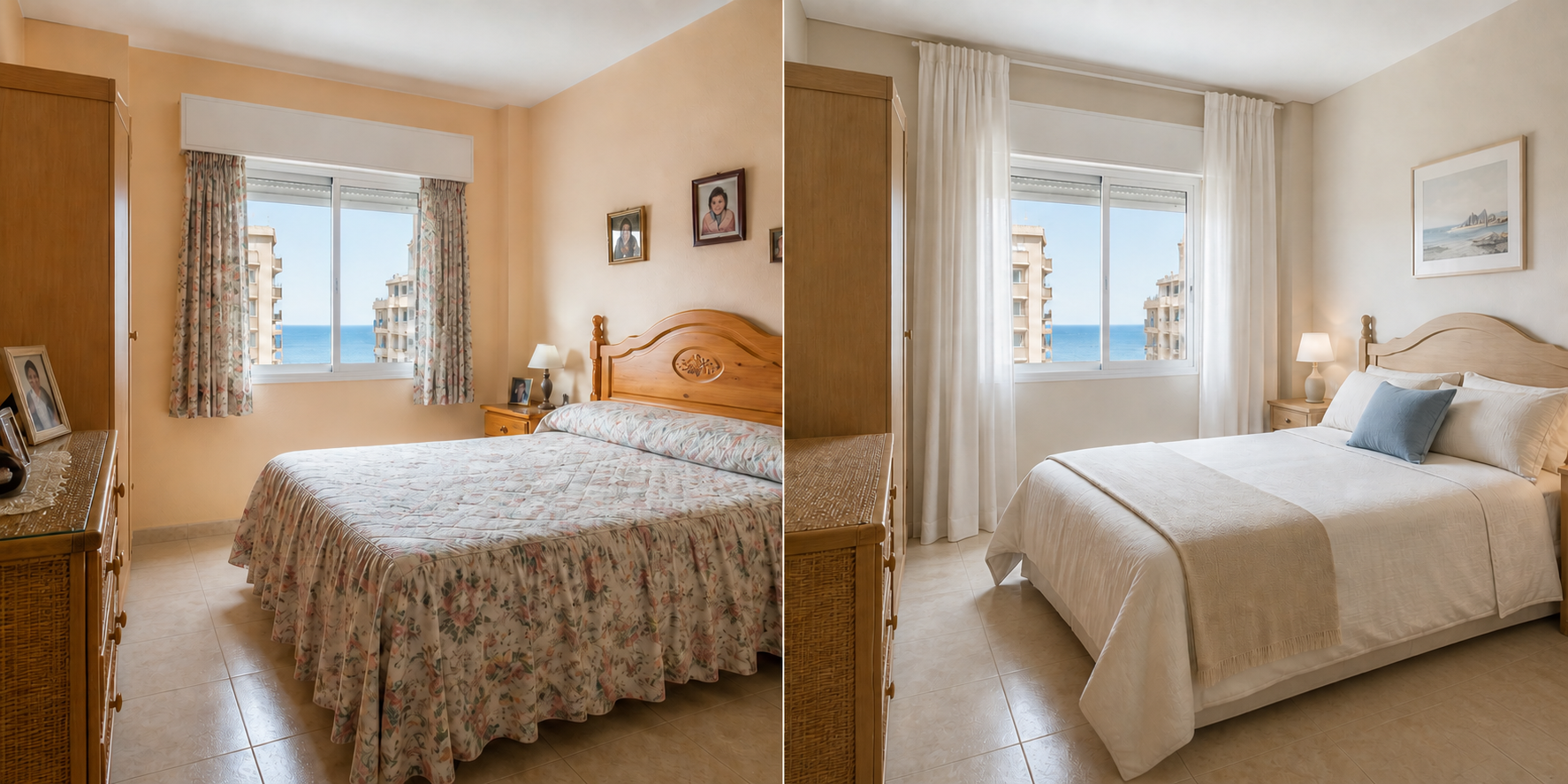 Dormitorio antes y después de la puesta a punto: textiles claros y composición serena