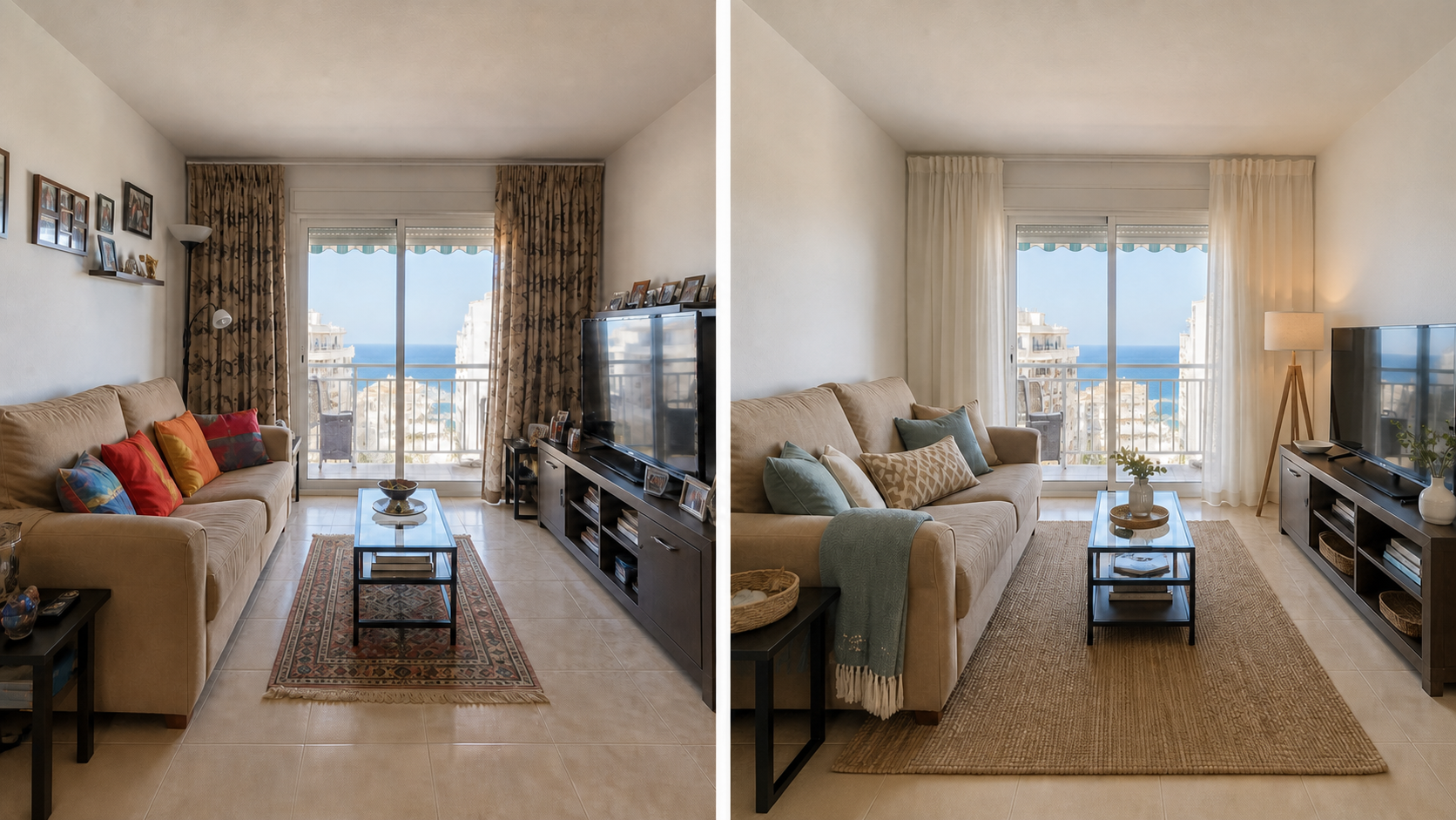 Salón antes y después de la puesta a punto: edición, textiles nuevos y luz más cuidada