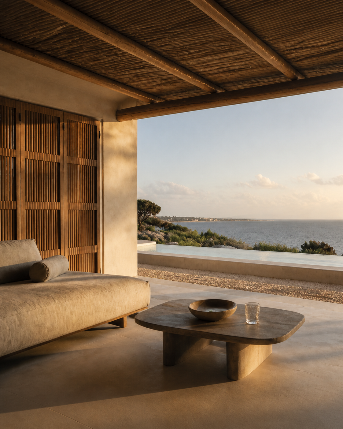 Salón mediterráneo con postigos de madera, sofá y mesa frente al horizonte marino