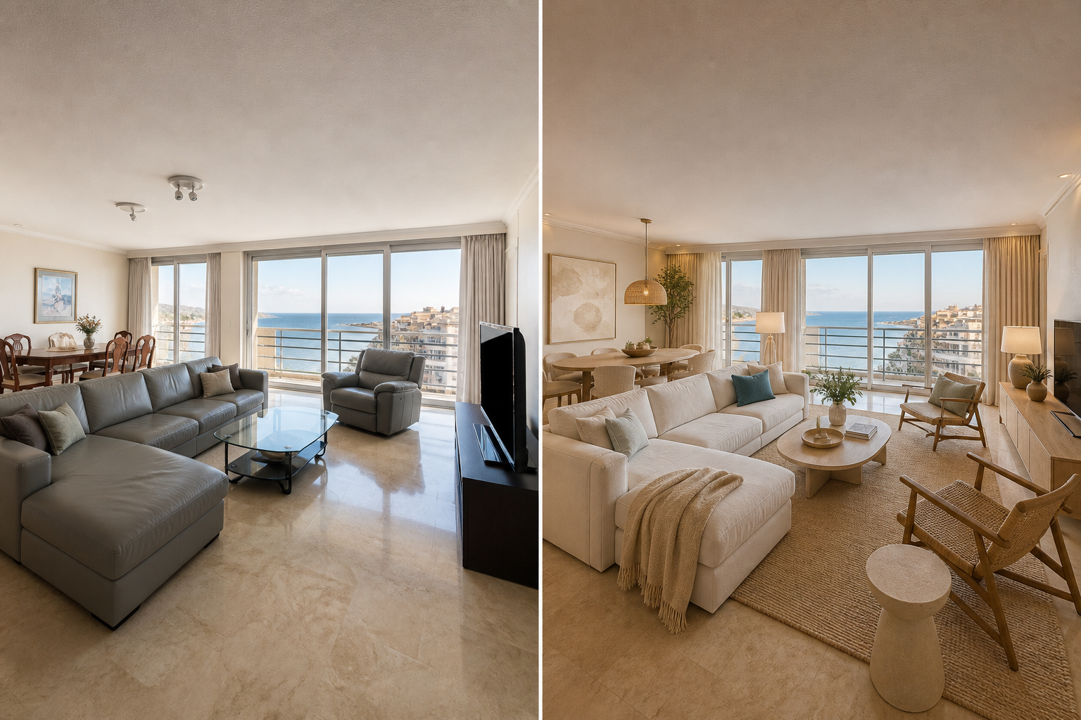 Salón panorámico antes y después del proyecto de interiorismo